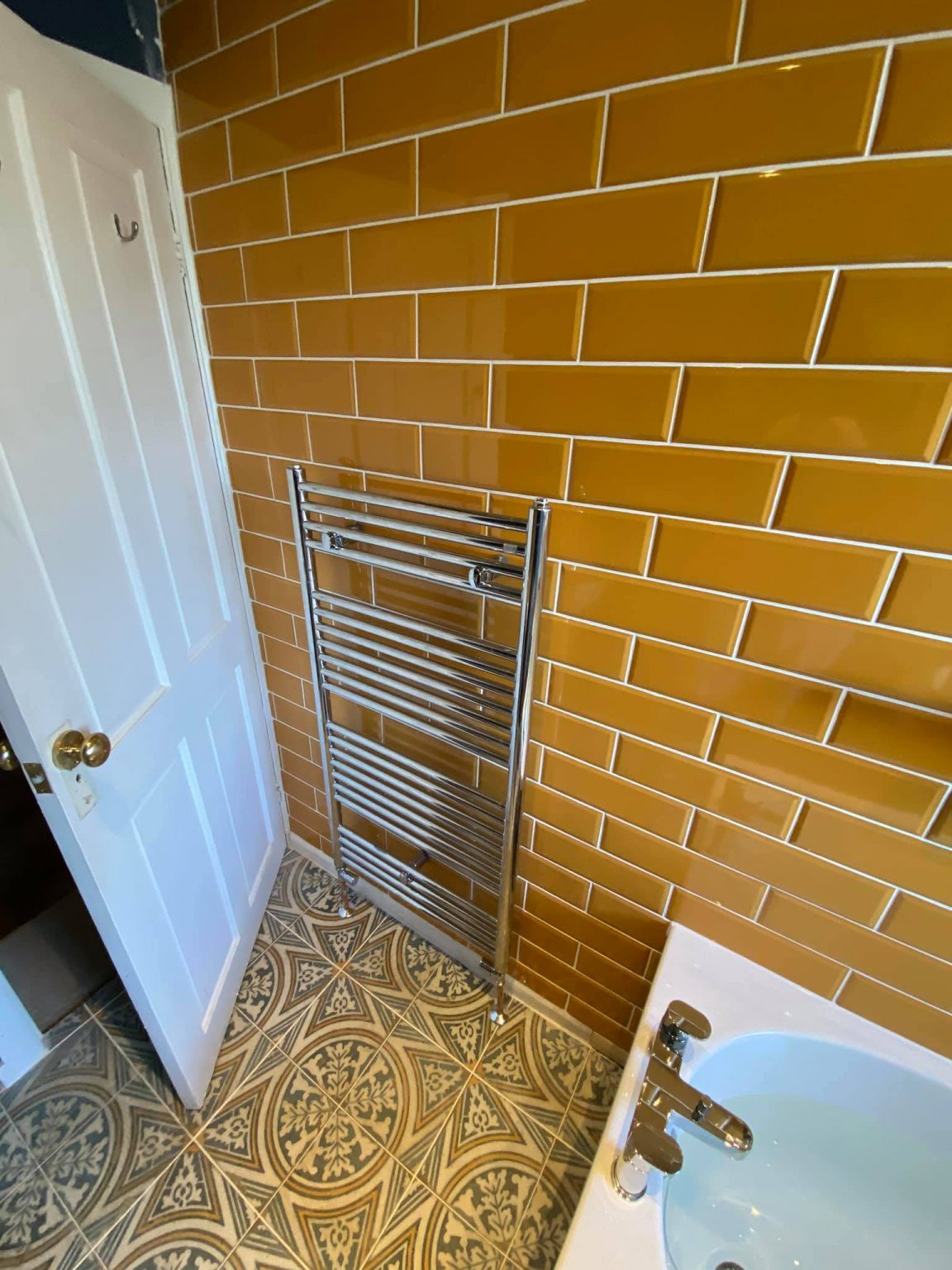 Bathroom refurbishment Otley with mustard yellow metro tiles