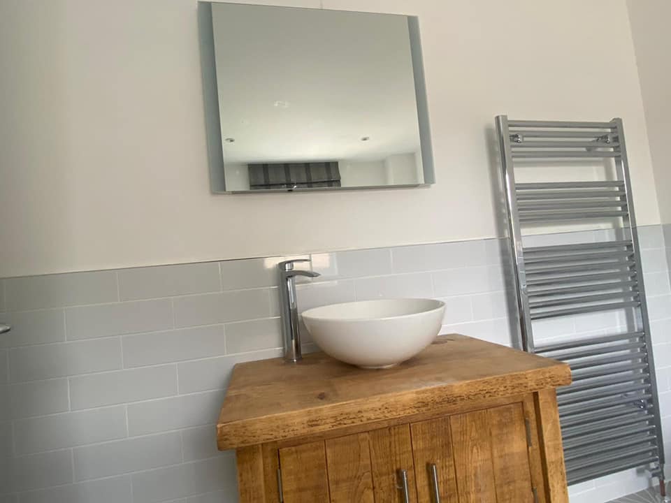 Grey palm springs bathroom tiles renovation Otley