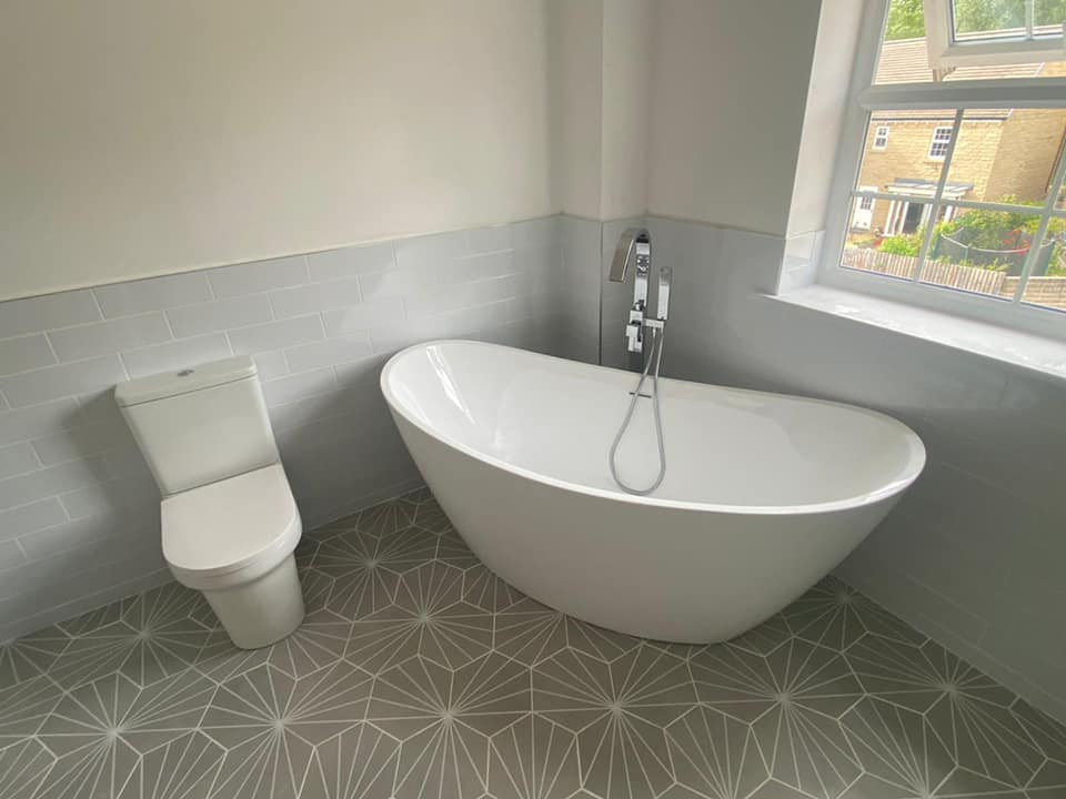 Grey palm springs bathroom tiles renovation Otley