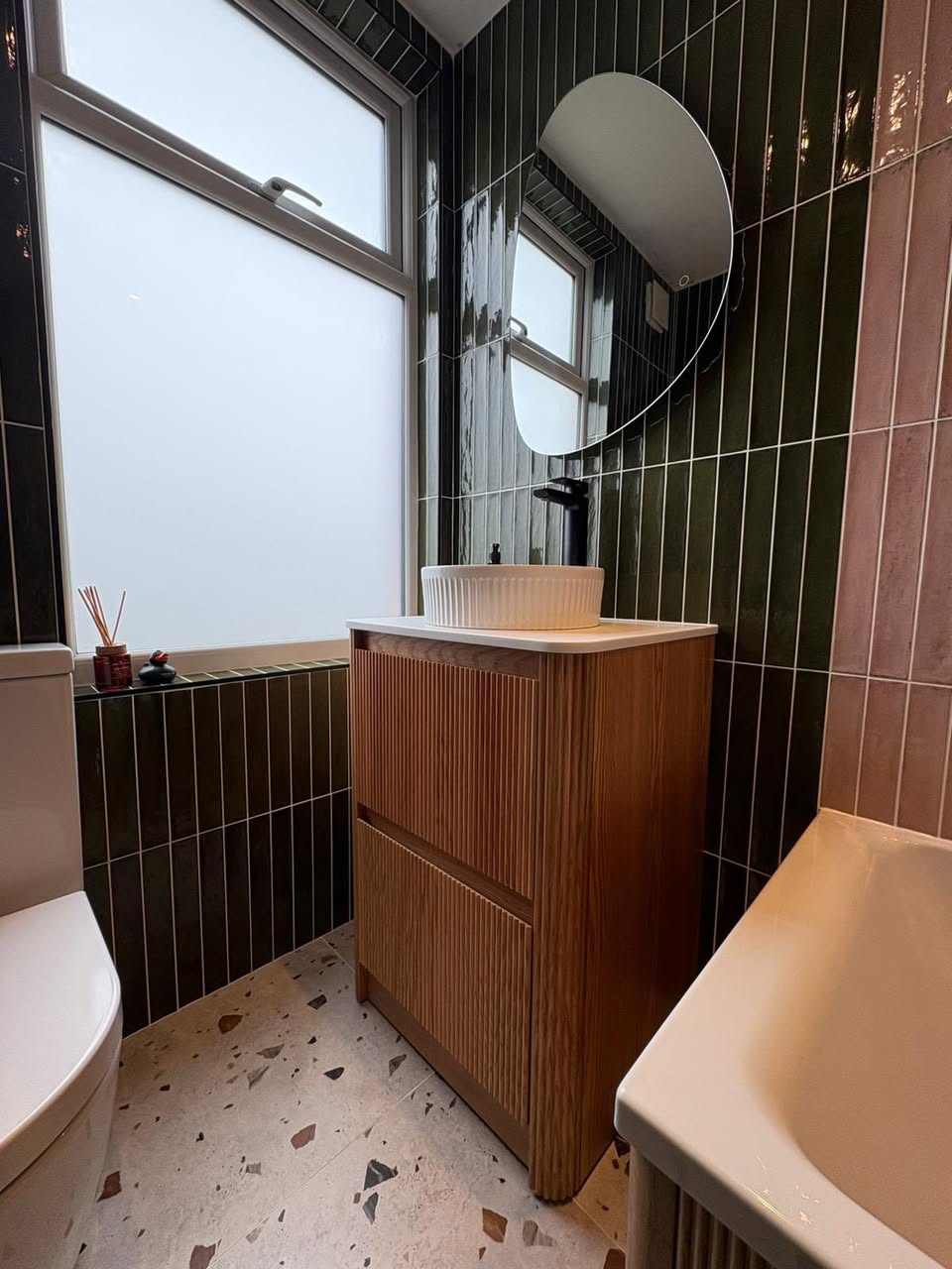 Modern pink and green tiled bathroom Otley West Yorkshire