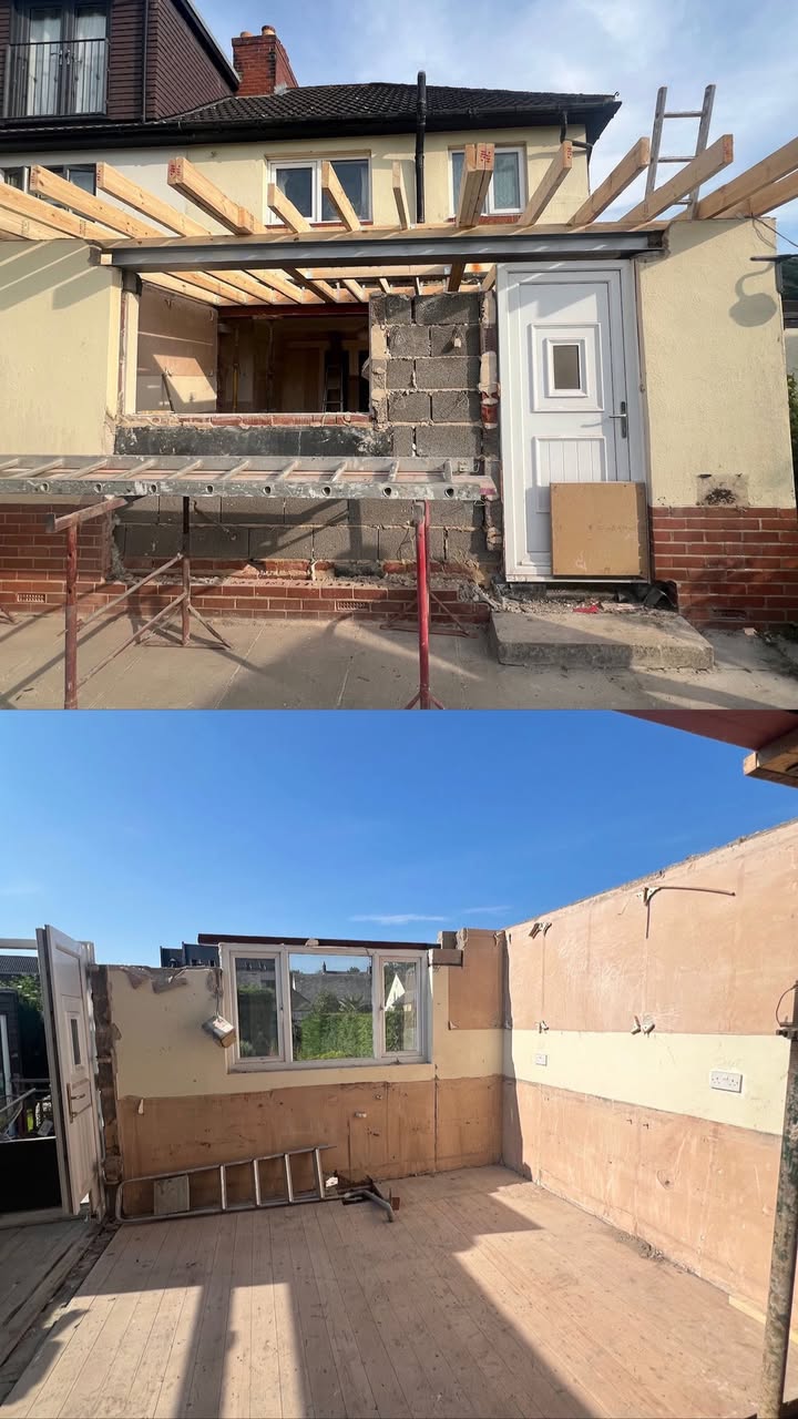 SR Kitchen renovation and installation of Kitchen Otley with cream kitchen units and granite worktop, gold kitchen handles and tap with kitchen island and underfloor heating. A stunning kitchen transformation in Otley