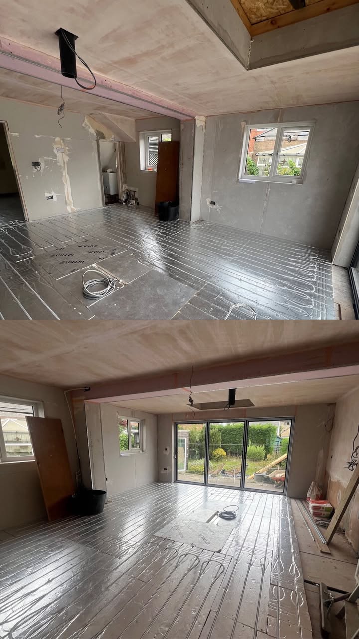 SR Kitchen renovation and installation of Kitchen Otley with cream kitchen units and granite worktop, gold kitchen handles and tap with kitchen island and underfloor heating. A stunning kitchen transformation in Otley