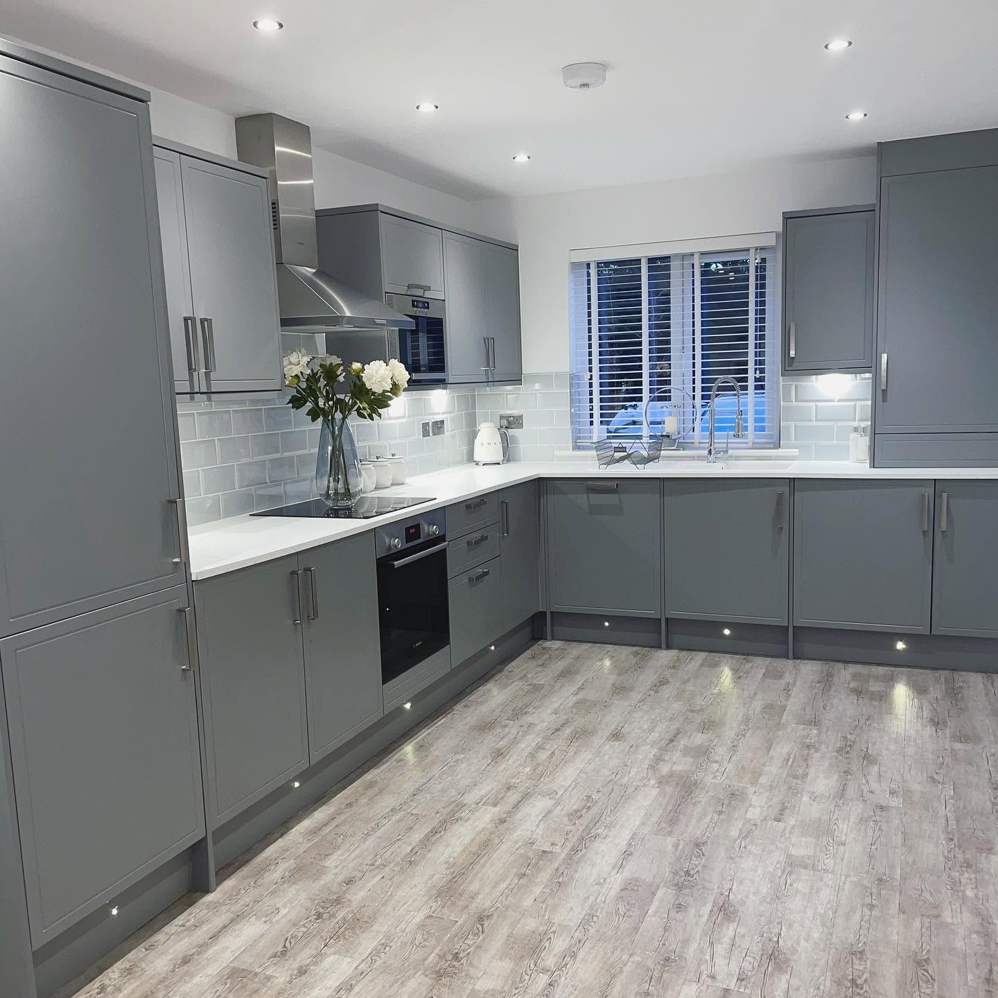grey kitchen with white granite worktop Ilkley