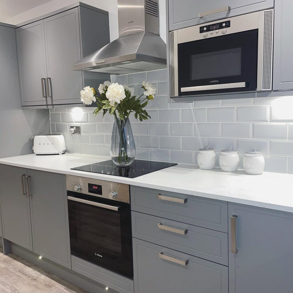 grey kitchen with white granite worktop Ilkley