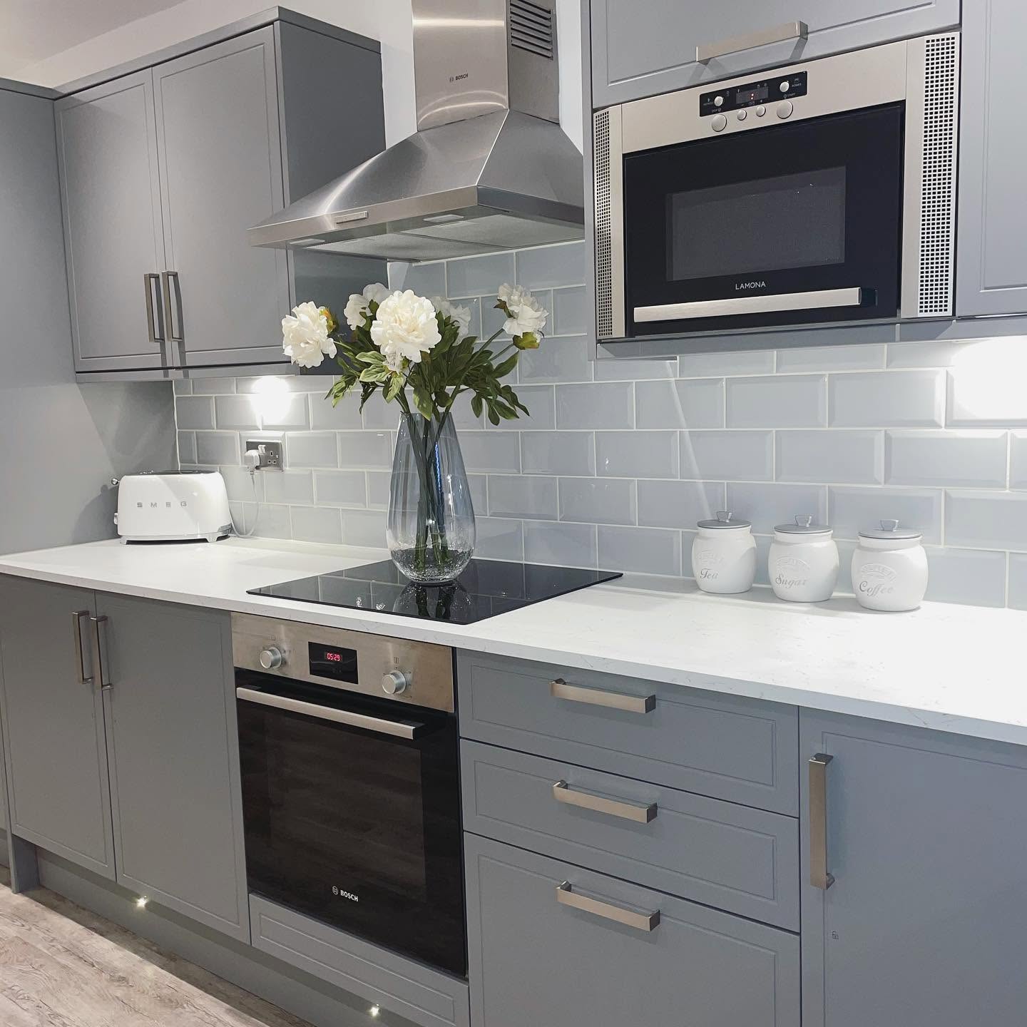 grey kitchen with white granite worktop Ilkley