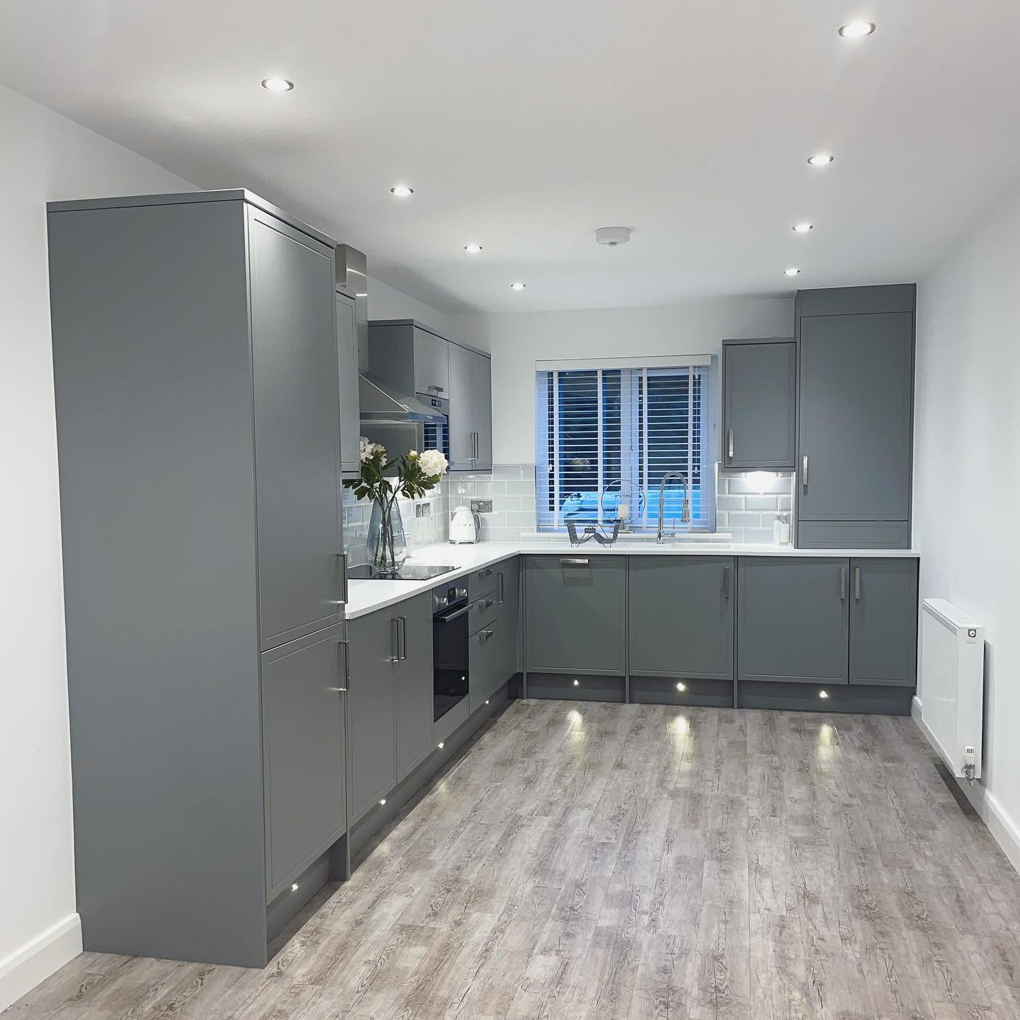 grey kitchen with white granite worktop Ilkley